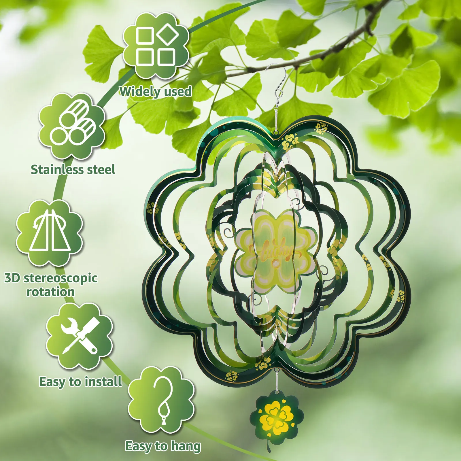 3D Wind Spinners 12 Inch Outdoor Metal Four Leave Clover Wind Spinner Yard Decor Stainless Steel Hanging Decor for Garden Yard