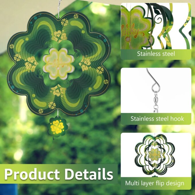 3D Wind Spinners 12 Inch Outdoor Metal Four Leave Clover Wind Spinner Yard Decor Stainless Steel Hanging Decor for Garden Yard - Image 3