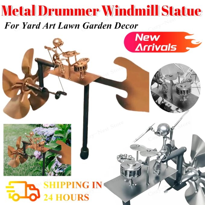 2025 NEW Metal Wind Spinner Metal Drummer Windmill Statue Rock Percussionist Music Art Statue for Yard Art Lawn Garden Decor