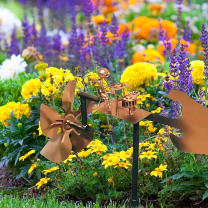 Metal Wind Spinner Metal Drummer Windmill Statue Decorative Wind Power Rock Art Statue for Garden Yard Patio Lawn Porch Backyard - Image 3