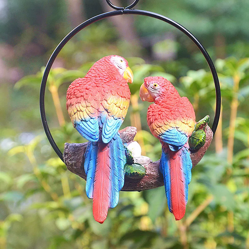 Garden Decoration Statue Mother Child Parrot With Ring Hang On Tree Outdoor Animal Sculpture For Home Office Room Decor Ornament