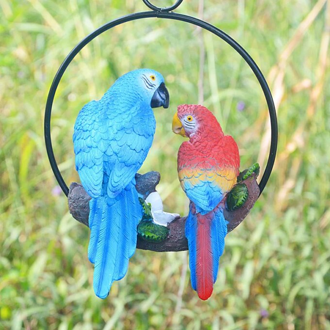 Garden Decoration Statue Mother Child Parrot With Ring Hang On Tree Outdoor Animal Sculpture For Home Office Room Decor Ornament - Image 2