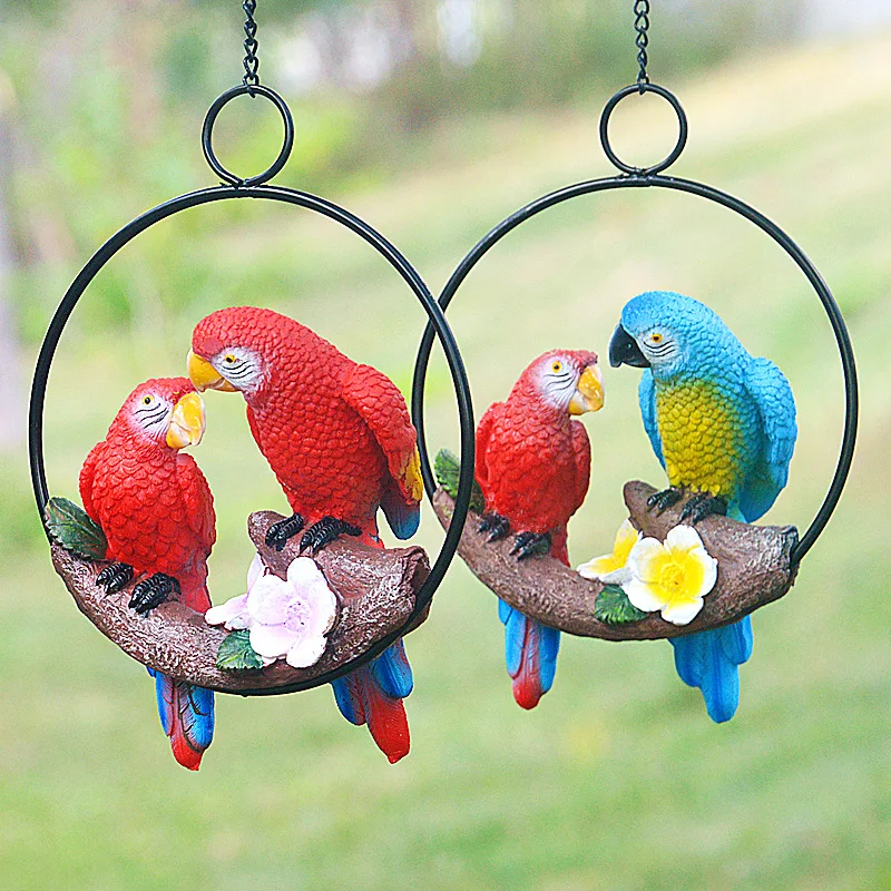 Garden Decoration Statue Mother Child Parrot With Ring Hang On Tree Outdoor Animal Sculpture For Home Office Room Decor Ornament