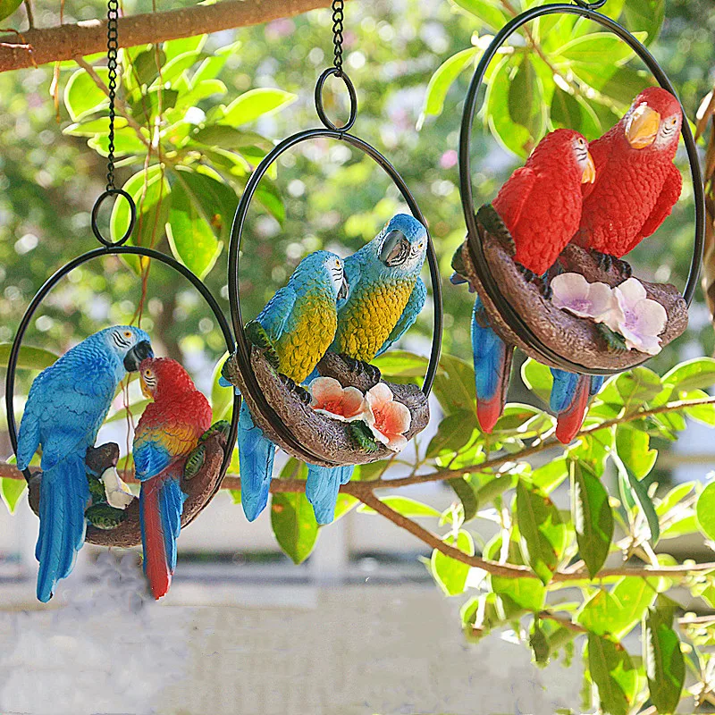 Garden Decoration Statue Mother Child Parrot With Ring Hang On Tree Outdoor Animal Sculpture For Home Office Room Decor Ornament