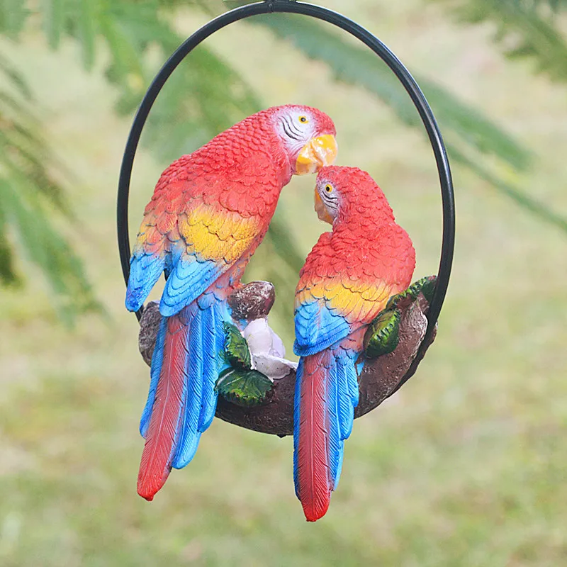Garden Decoration Statue Mother Child Parrot With Ring Hang On Tree Outdoor Animal Sculpture For Home Office Room Decor Ornament