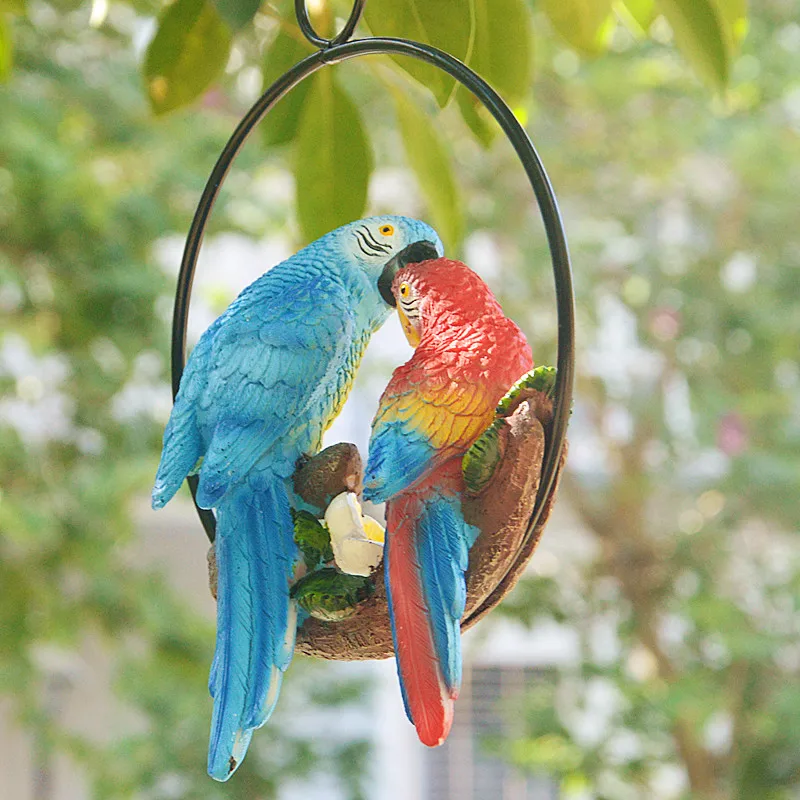 Garden Decoration Statue Mother Child Parrot With Ring Hang On Tree Outdoor Animal Sculpture For Home Office Room Decor Ornament