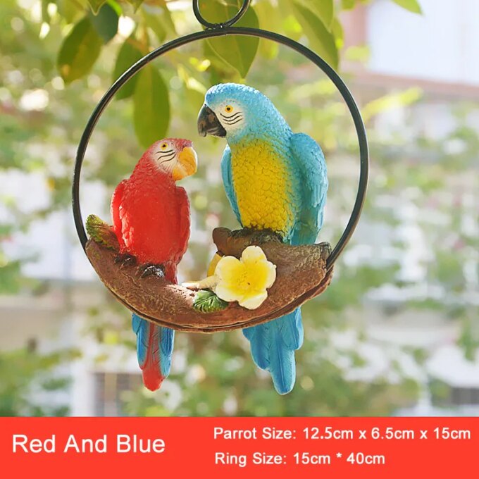 Garden Decoration Statue Mother Child Parrot With Ring Hang On Tree Outdoor Animal Sculpture For Home Office Room Decor Ornament - Image 6