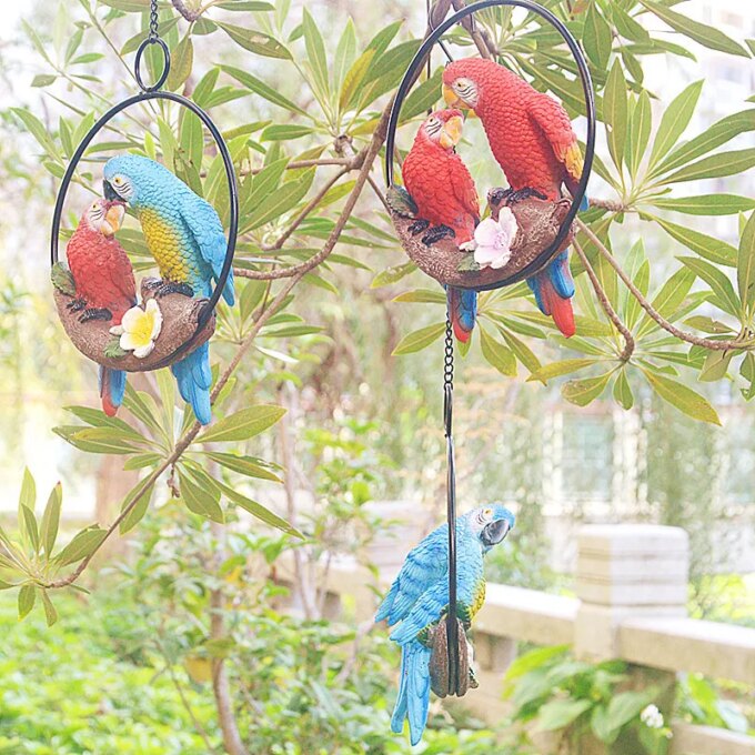 Garden Decoration Statue Mother Child Parrot With Ring Hang On Tree Outdoor Animal Sculpture For Home Office Room Decor Ornament - Image 5