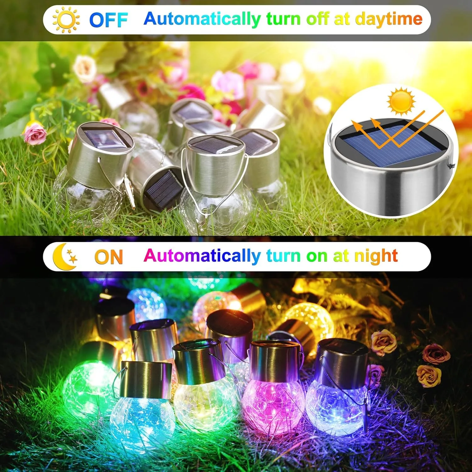 Solar Powered Outdoor Hanging Lights Colorful LED Cracked Glass Ball Design Waterproof Wall Lantern for Garden Patio Decor