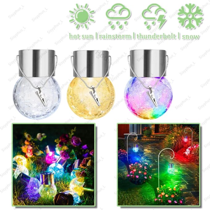Solar Powered Outdoor Hanging Lights Colorful LED Cracked Glass Ball Design Waterproof Wall Lantern for Garden Patio Decor