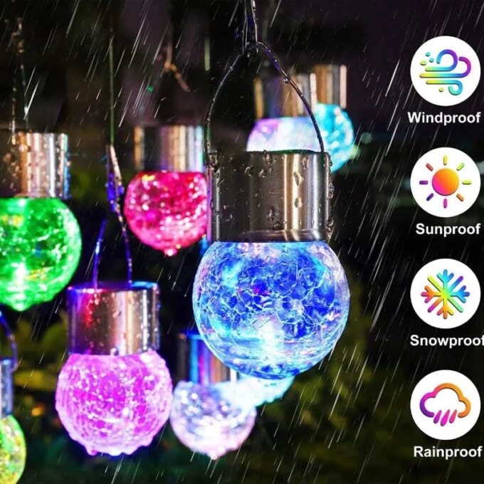 Solar Powered Outdoor Hanging Lights Colorful LED Cracked Glass Ball Design Waterproof Wall Lantern for Garden Patio Decor - Image 2