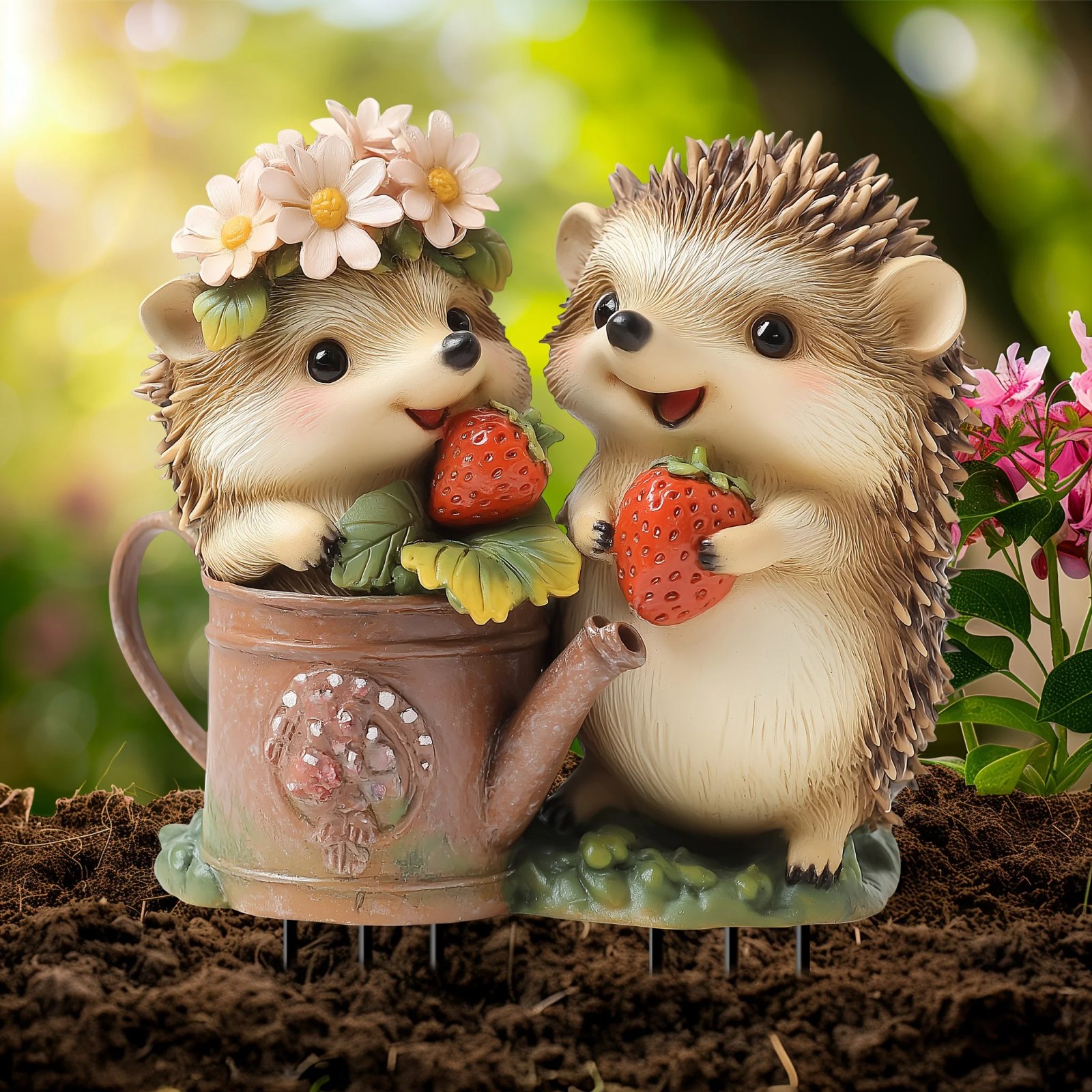 1 PC Creative cute strawberry hedgehog garden decoration, 2D flat acrylic decorative ground insert with classic spring elements.