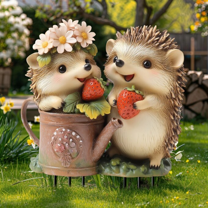 1 PC Creative cute strawberry hedgehog garden decoration, 2D flat acrylic decorative ground insert with classic spring elements.