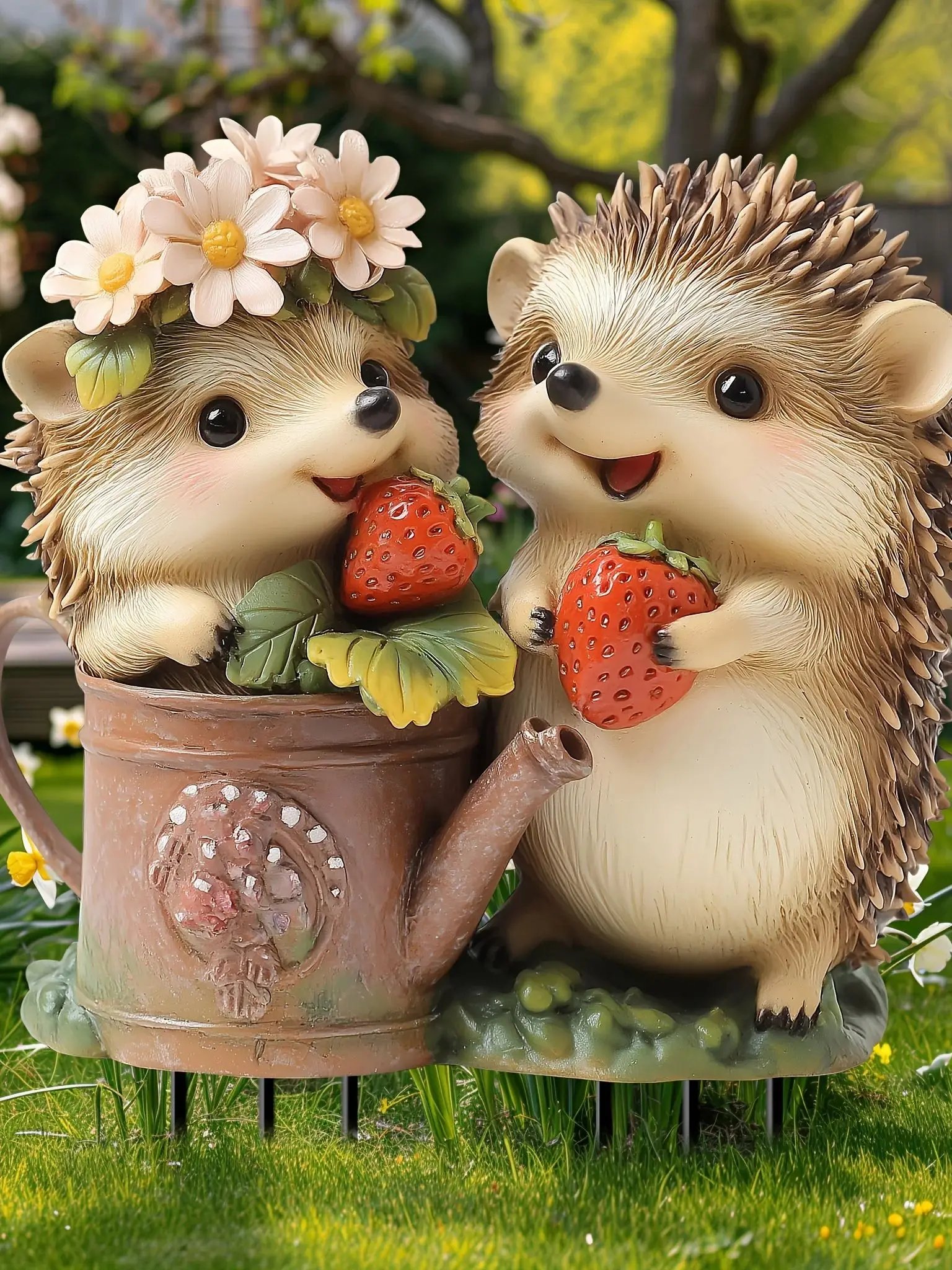 1 PC Creative cute strawberry hedgehog garden decoration, 2D flat acrylic decorative ground insert with classic spring elements.