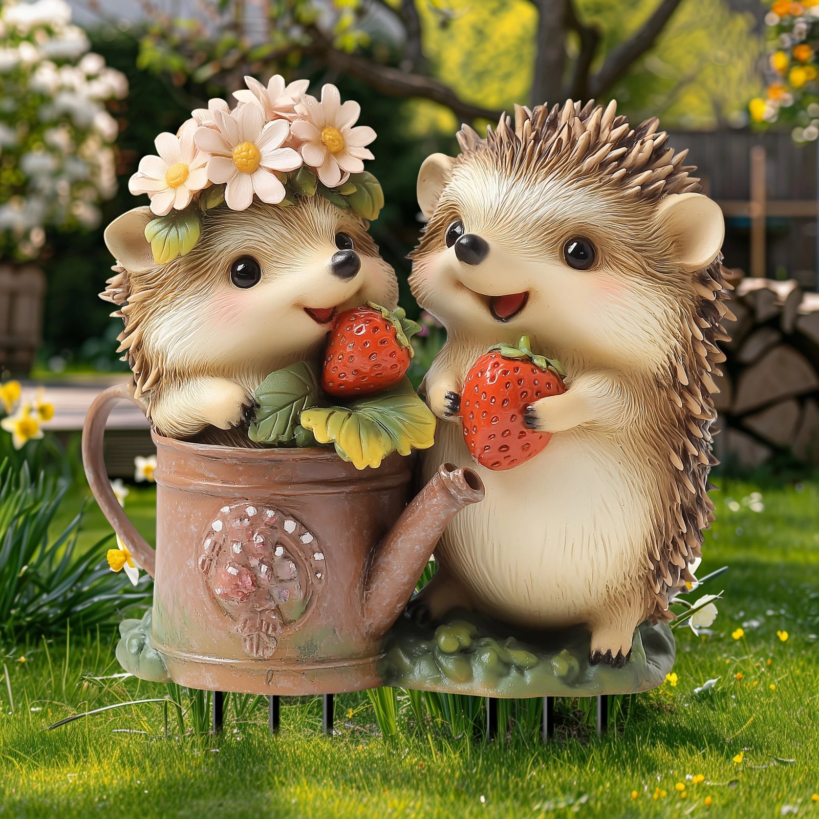 1 PC Creative cute strawberry hedgehog garden decoration, 2D flat acrylic decorative ground insert with classic spring elements.