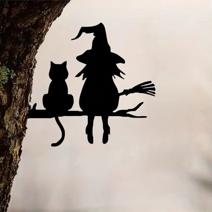Metal Silhouette Cute Witch And Cat Garden Stake On The Branch Yard Art Decor, Tree Stump Plug-in, For Garden Lawn Courtyard - Image 5