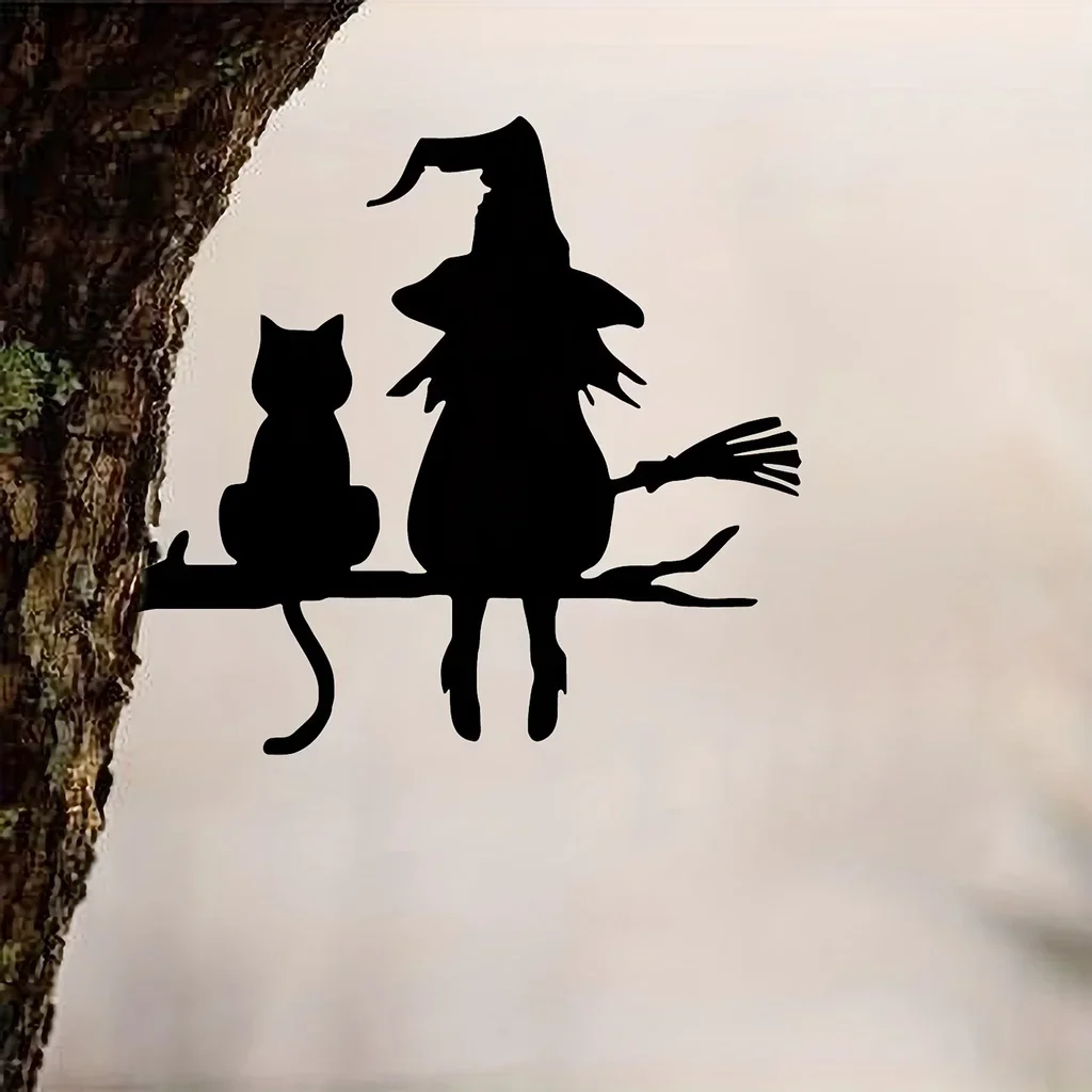 Metal Silhouette Cute Witch And Cat Garden Stake On The Branch Yard Art Decor, Tree Stump Plug-in, For Garden Lawn Courtyard
