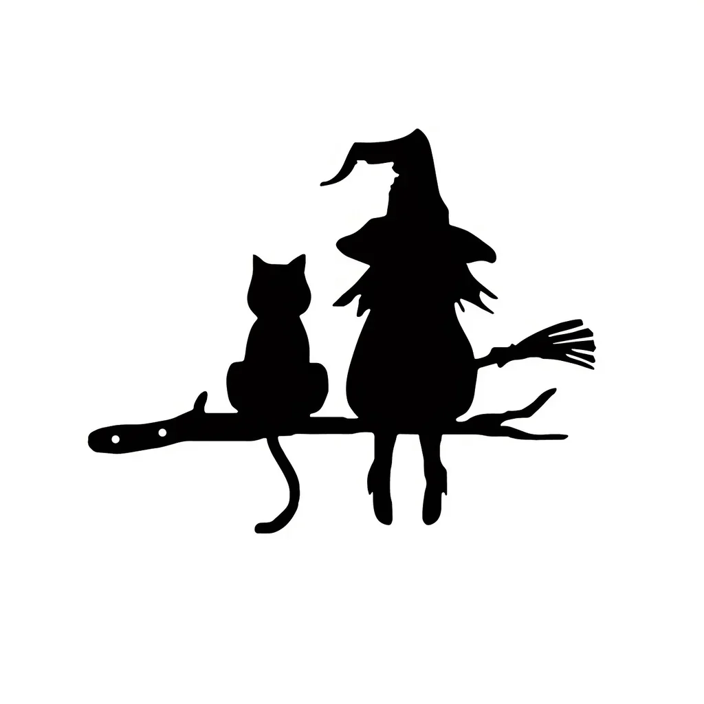 Metal Silhouette Cute Witch And Cat Garden Stake On The Branch Yard Art Decor, Tree Stump Plug-in, For Garden Lawn Courtyard