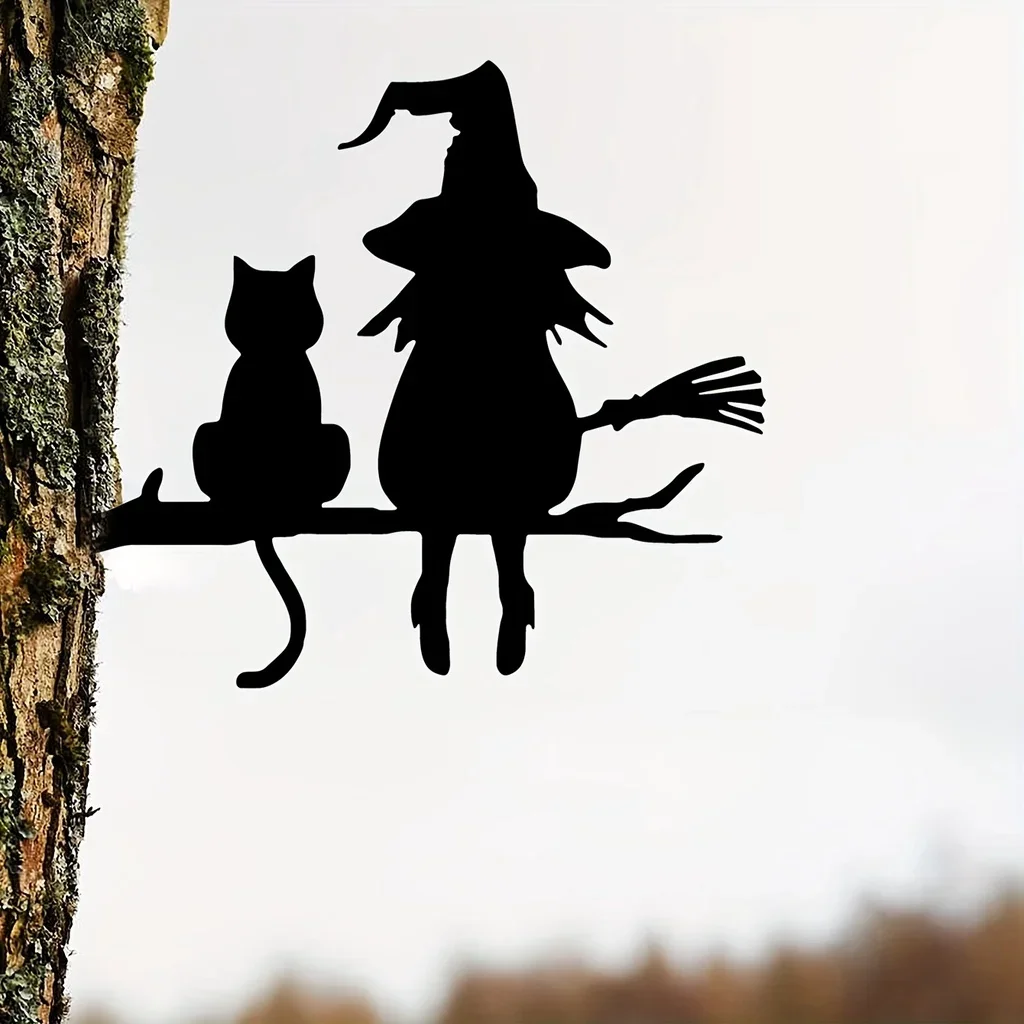 Metal Silhouette Cute Witch And Cat Garden Stake On The Branch Yard Art Decor, Tree Stump Plug-in, For Garden Lawn Courtyard