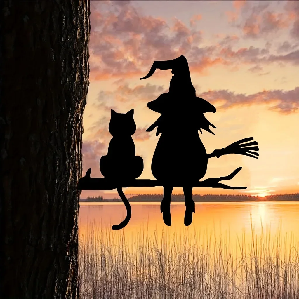 Metal Silhouette Cute Witch And Cat Garden Stake On The Branch Yard Art Decor, Tree Stump Plug-in, For Garden Lawn Courtyard