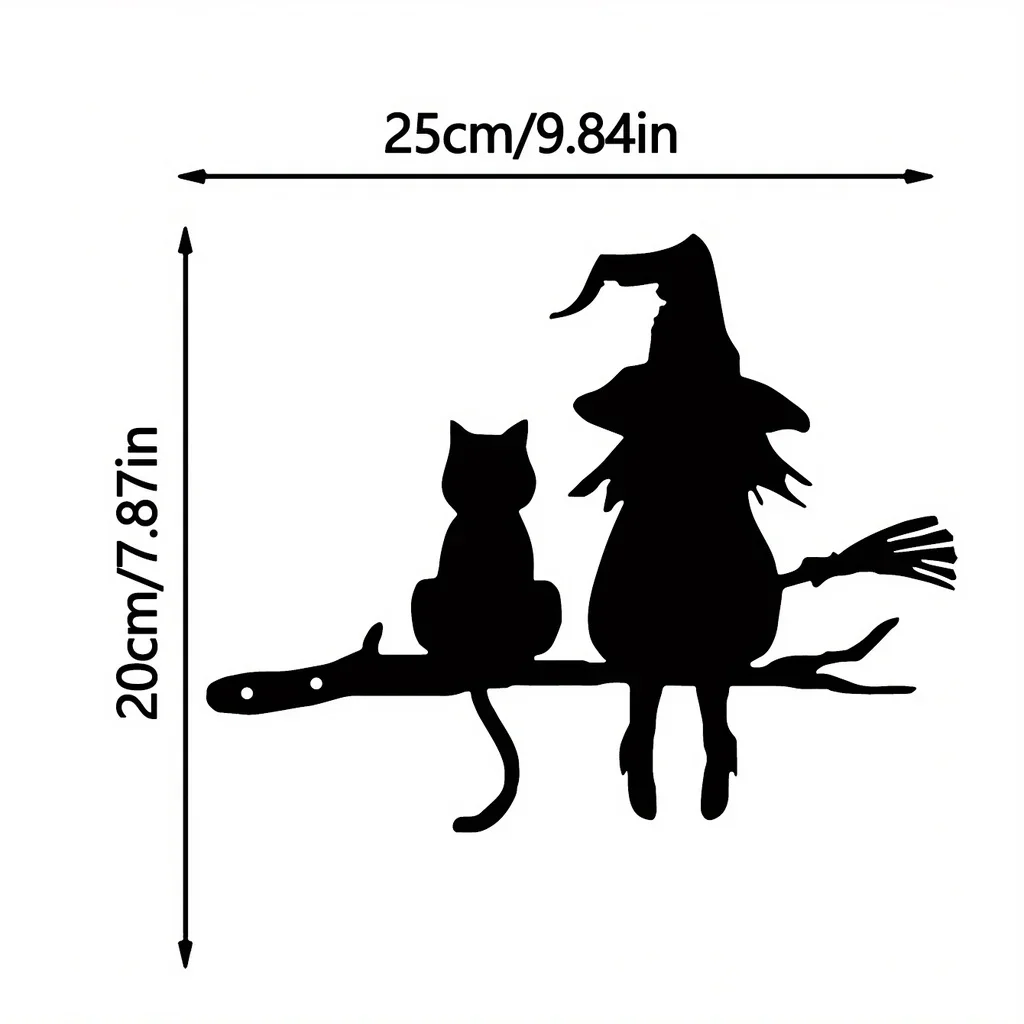 Metal Silhouette Cute Witch And Cat Garden Stake On The Branch Yard Art Decor, Tree Stump Plug-in, For Garden Lawn Courtyard