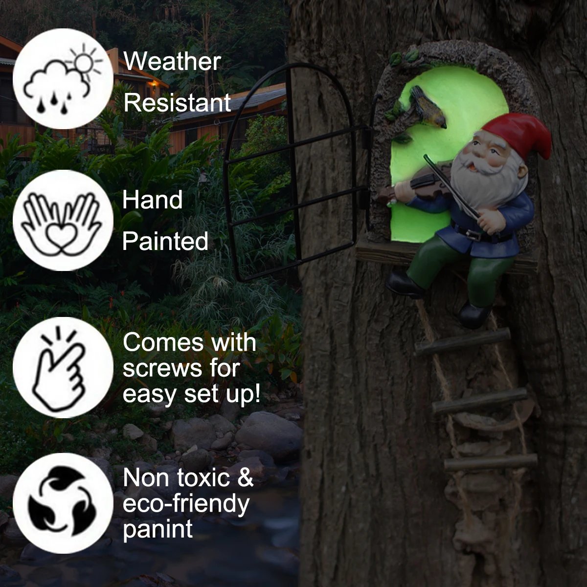 1 resin handicraft hanging from a dwarf playing piano tree, iron window, hanging tree, decorating courtyard tree trunks, hanging