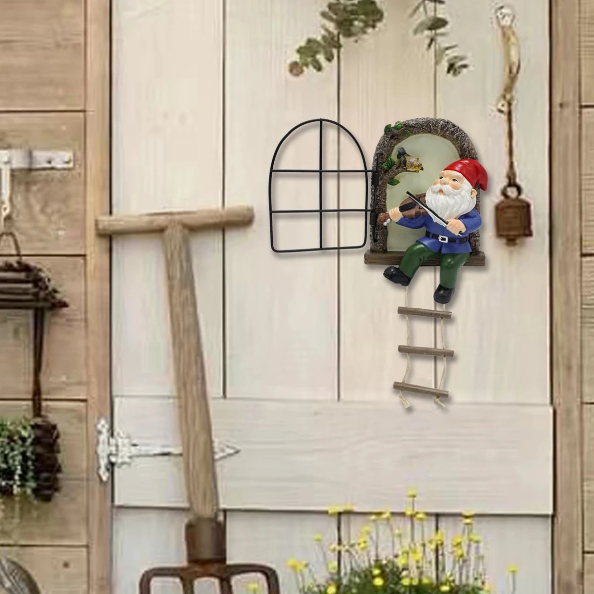 1 resin handicraft hanging from a dwarf playing piano tree, iron window, hanging tree, decorating courtyard tree trunks, hanging