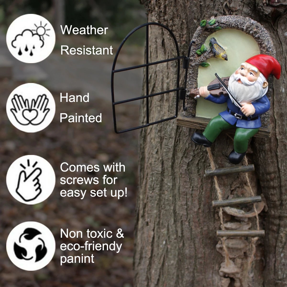 1 resin handicraft hanging from a dwarf playing piano tree, iron window, hanging tree, decorating courtyard tree trunks, hanging