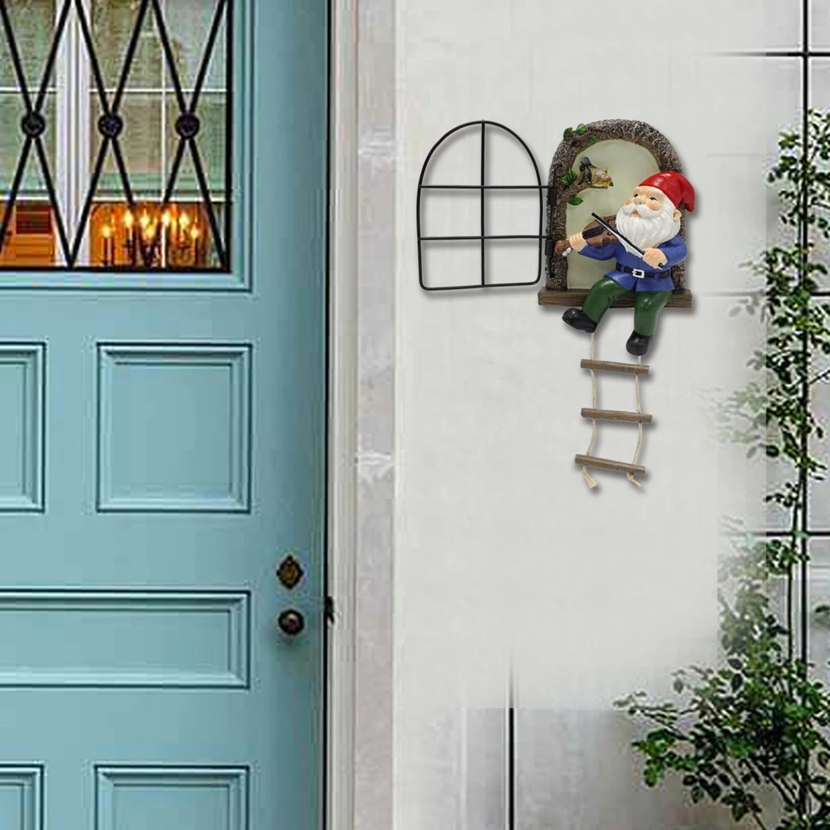1 resin handicraft hanging from a dwarf playing piano tree, iron window, hanging tree, decorating courtyard tree trunks, hanging