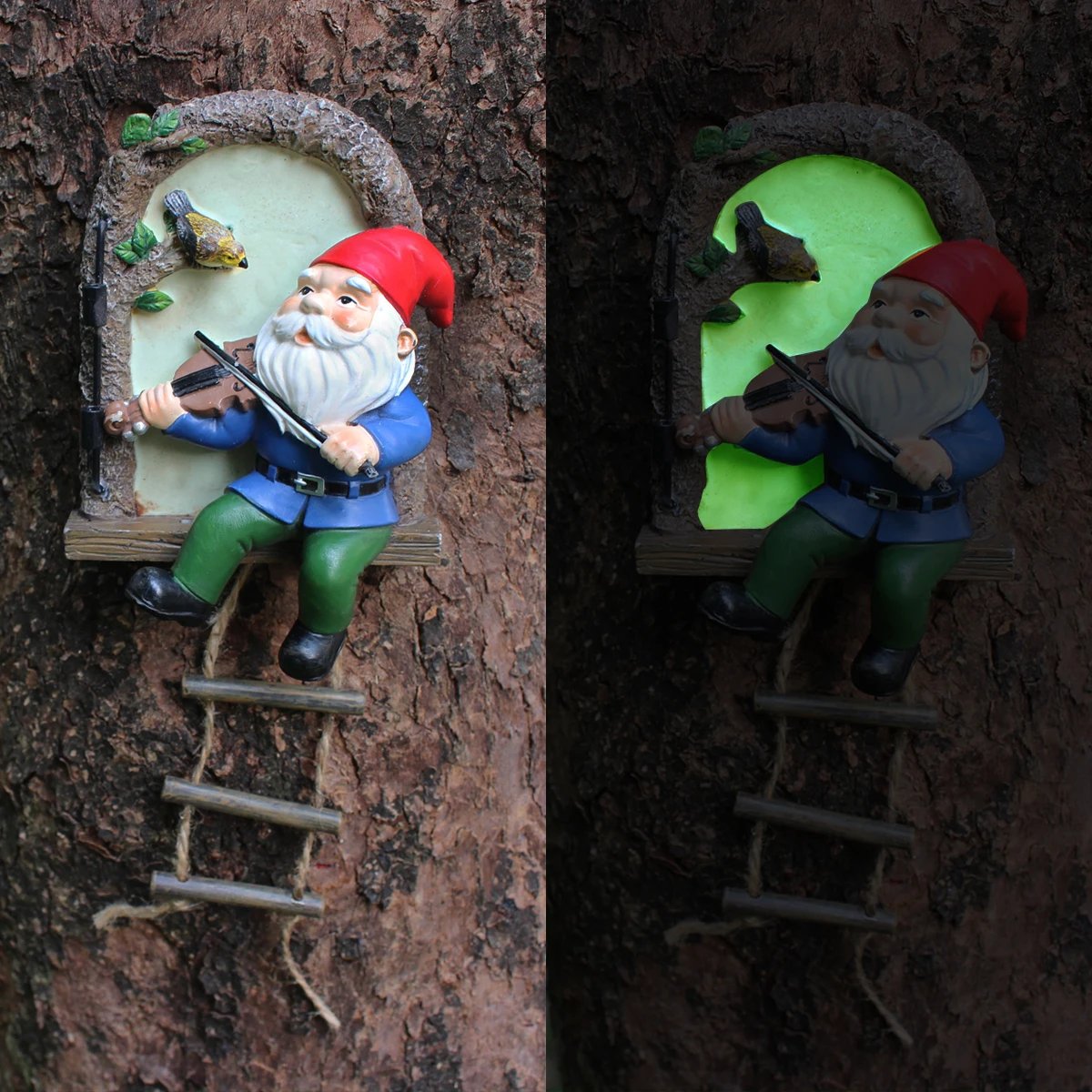 1 resin handicraft hanging from a dwarf playing piano tree, iron window, hanging tree, decorating courtyard tree trunks, hanging
