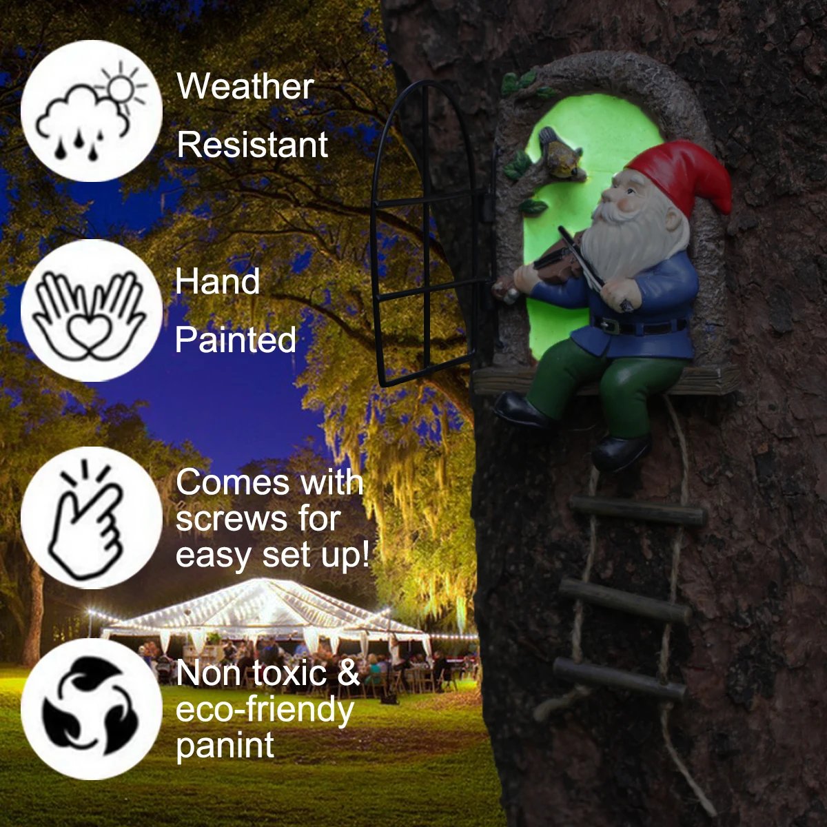 1 resin handicraft hanging from a dwarf playing piano tree, iron window, hanging tree, decorating courtyard tree trunks, hanging