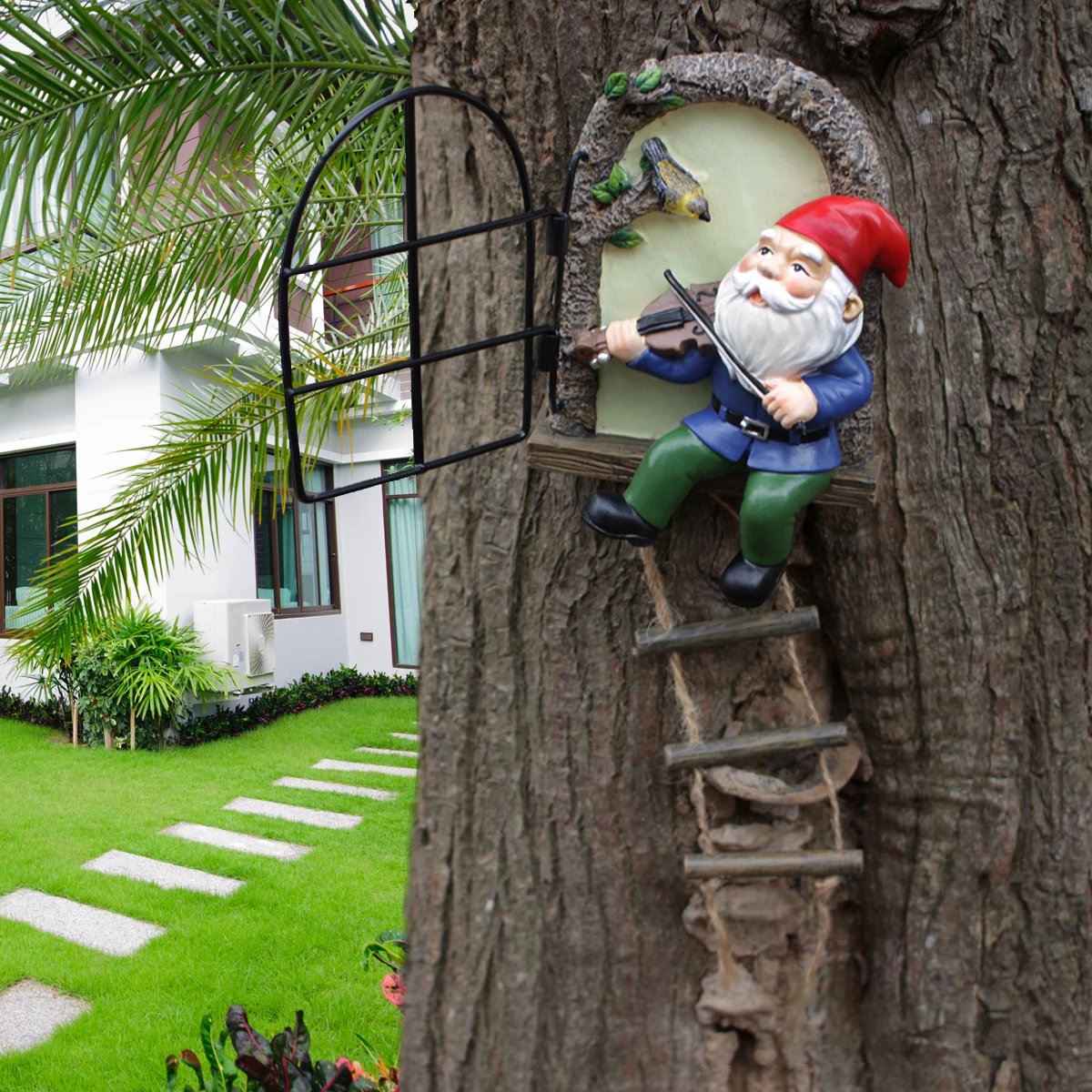 1 resin handicraft hanging from a dwarf playing piano tree, iron window, hanging tree, decorating courtyard tree trunks, hanging