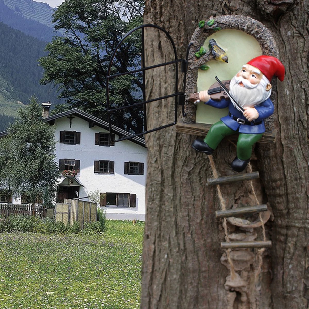 1 resin handicraft hanging from a dwarf playing piano tree, iron window, hanging tree, decorating courtyard tree trunks, hanging