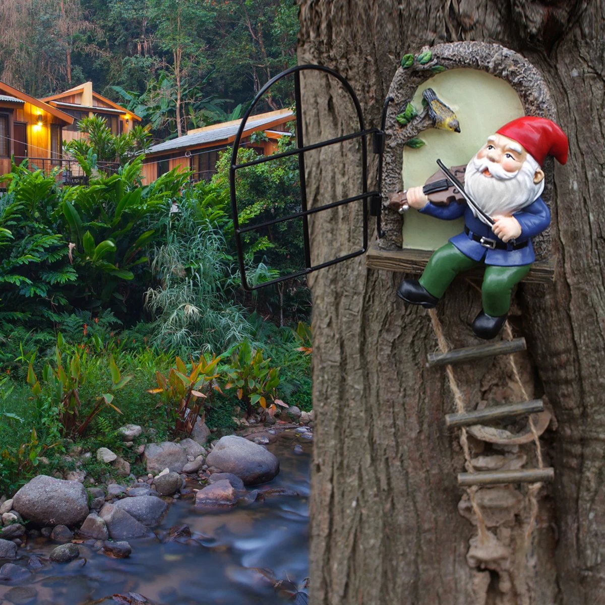 1 resin handicraft hanging from a dwarf playing piano tree, iron window, hanging tree, decorating courtyard tree trunks, hanging