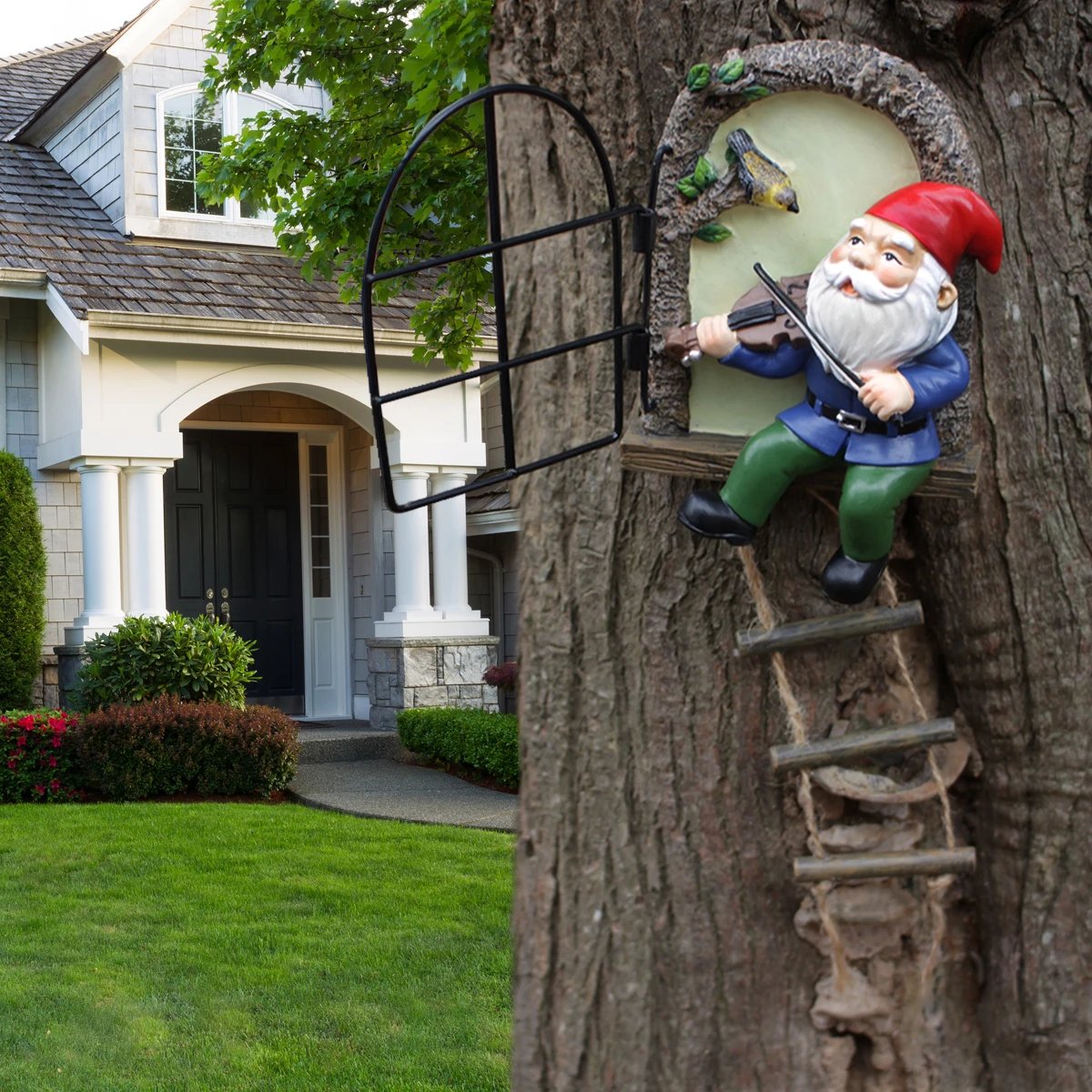 1 resin handicraft hanging from a dwarf playing piano tree, iron window, hanging tree, decorating courtyard tree trunks, hanging