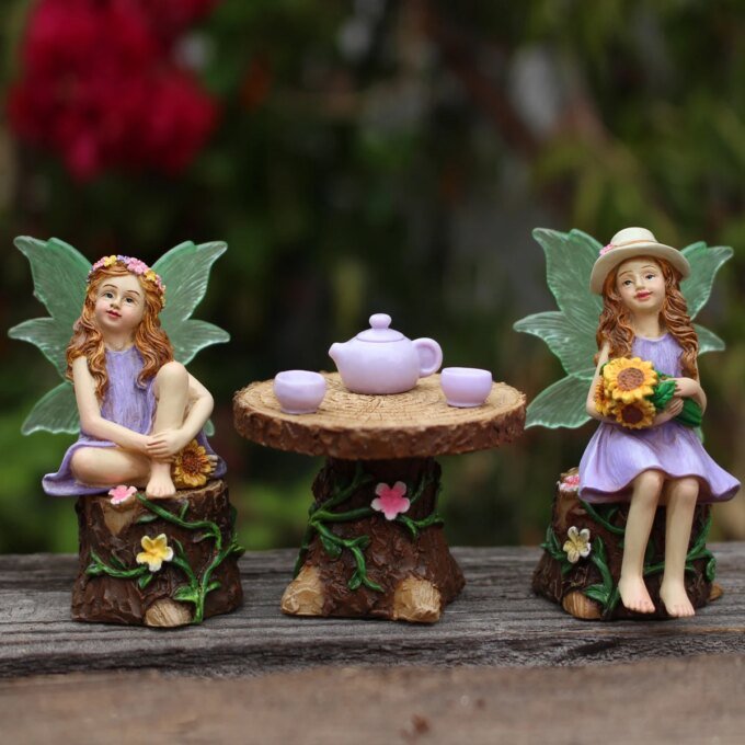 1 Set Summer Tea Party Vacation Flower Fairy, Interesting Scene Simulation Micro Landscape Decoration Statue, Outdoor Fairy Gard - Image 3