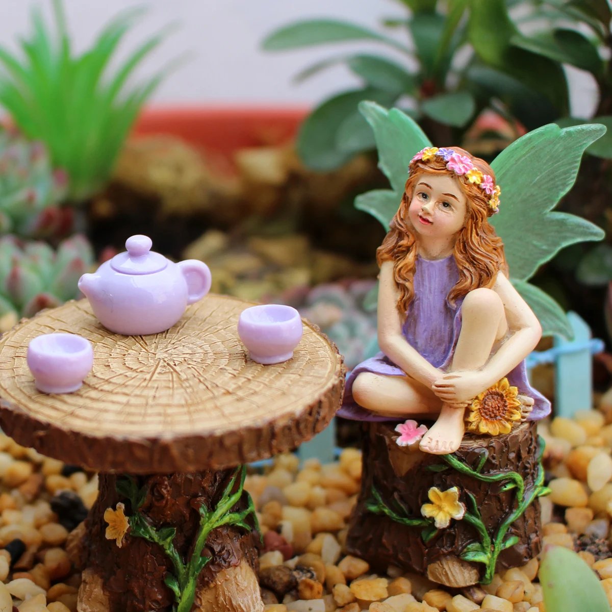 1 Set Summer Tea Party Vacation Flower Fairy, Interesting Scene Simulation Micro Landscape Decoration Statue, Outdoor Fairy Gard