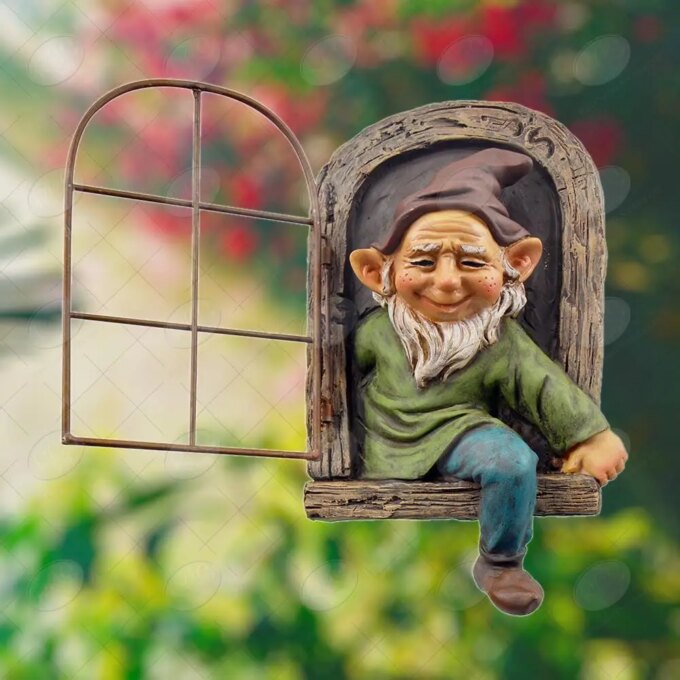 Elf Out The Door /Window Tree Hugger Naughty Garden Gnome Statue Tree Decor - Image 2