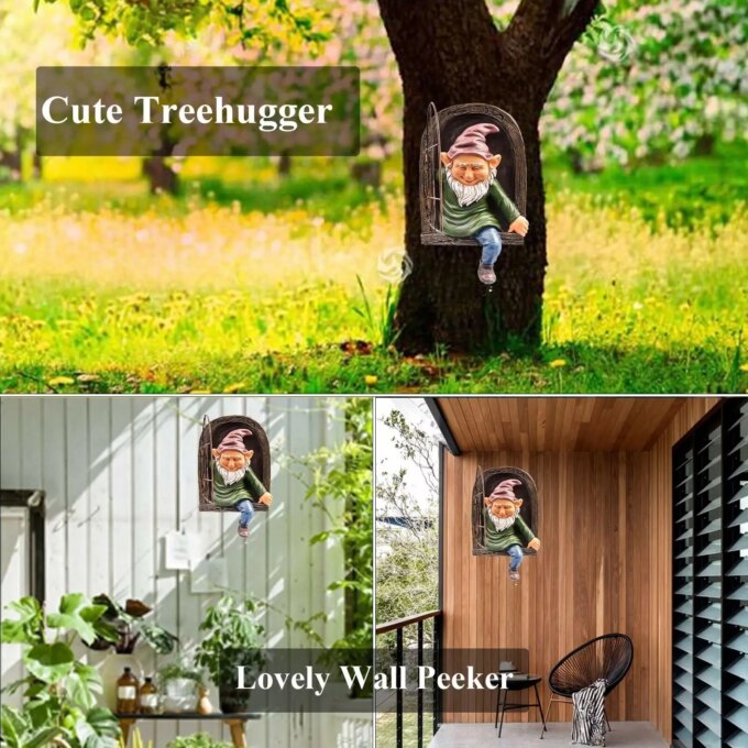 Elf Out The Door /Window Tree Hugger Naughty Garden Gnome Statue Tree Decor - Image 5