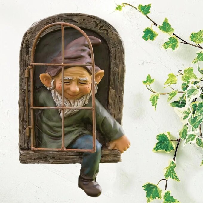 Elf Out The Door /Window Tree Hugger Naughty Garden Gnome Statue Tree Decor - Image 4
