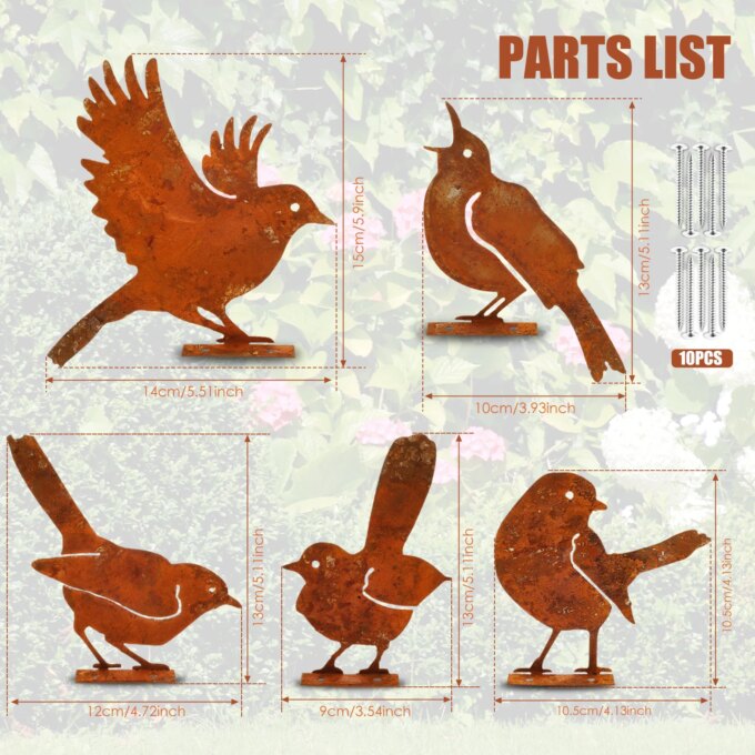 5Pcs Garden Rusty Bird Ornaments Metal Birds Statues Art Set Silhouettes Metal Bird Yard Decorations for Outdoor Fences Branches - Image 3