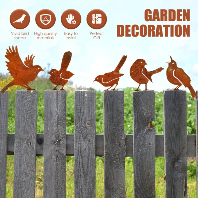 5Pcs Garden Rusty Bird Ornaments Metal Birds Statues Art Set Silhouettes Metal Bird Yard Decorations for Outdoor Fences Branches - Image 2