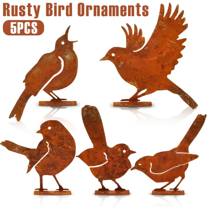 5Pcs Garden Rusty Bird Ornaments Metal Birds Statues Art Set Silhouettes Metal Bird Yard Decorations for Outdoor Fences Branches