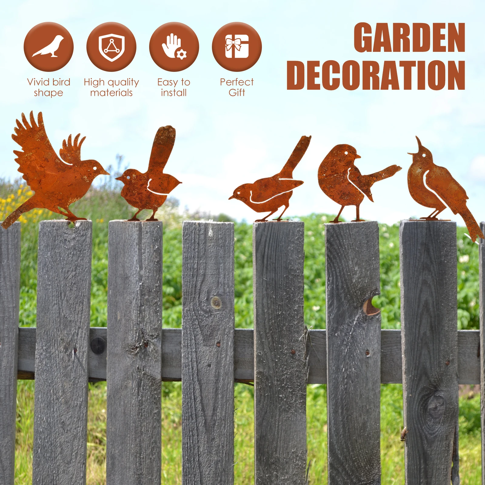 5Pcs Garden Rusty Bird Ornaments Metal Birds Statues Art Set Silhouettes Metal Bird Yard Decorations for Outdoor Fences Branches