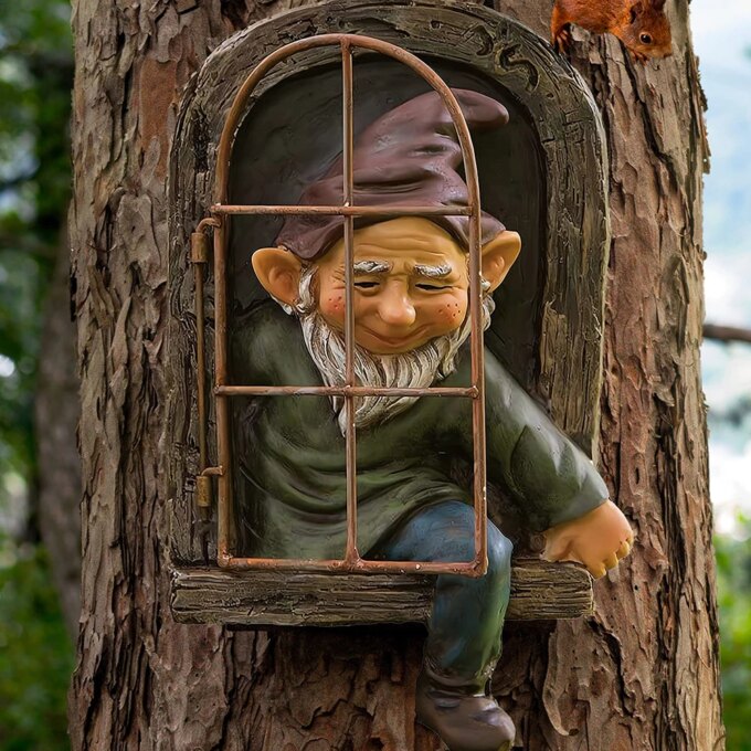 Elf Out The Door /Window Tree Hugger Naughty Garden Gnome Statue Tree Decor - Image 4