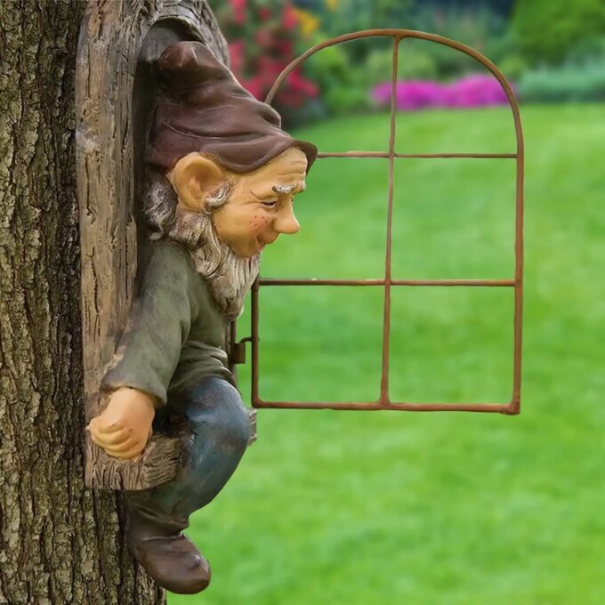 Elf Out The Door /Window Tree Hugger Naughty Garden Gnome Statue Tree Decor - Image 3