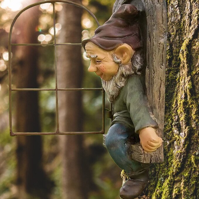 Elf Out The Door /Window Tree Hugger Naughty Garden Gnome Statue Tree Decor - Image 2