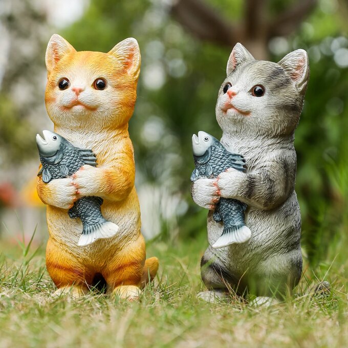 Cat Figurines Outdoor Garden Statues for Patio, Lawn Yard Decoration, Orange Cat Sculpture and Figurines Cat Lover Gifts Kitten