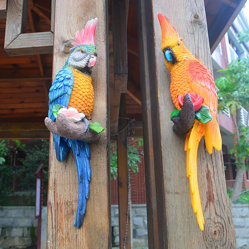 Resin Parrot Statue Wall Mounted DIY Outdoor Garden Tree Decoration Animal Sculpture For Home Office Garden Decor Ornament