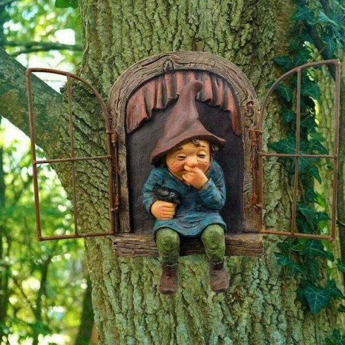 Naughty Garden Gnome Statue Elf Out The Door Tree Hugger Home Yard Decor - Image 3